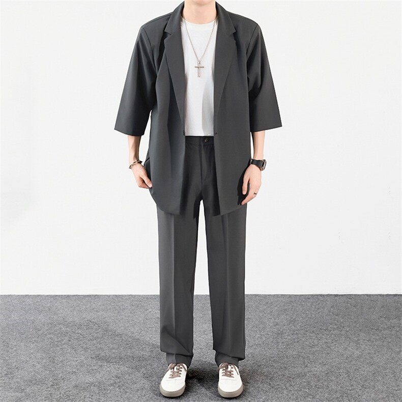 轻熟风七分袖休闲西装男套装夏季薄款韩版宽松中袖男士西服两件套，男装西服套装，星座506A