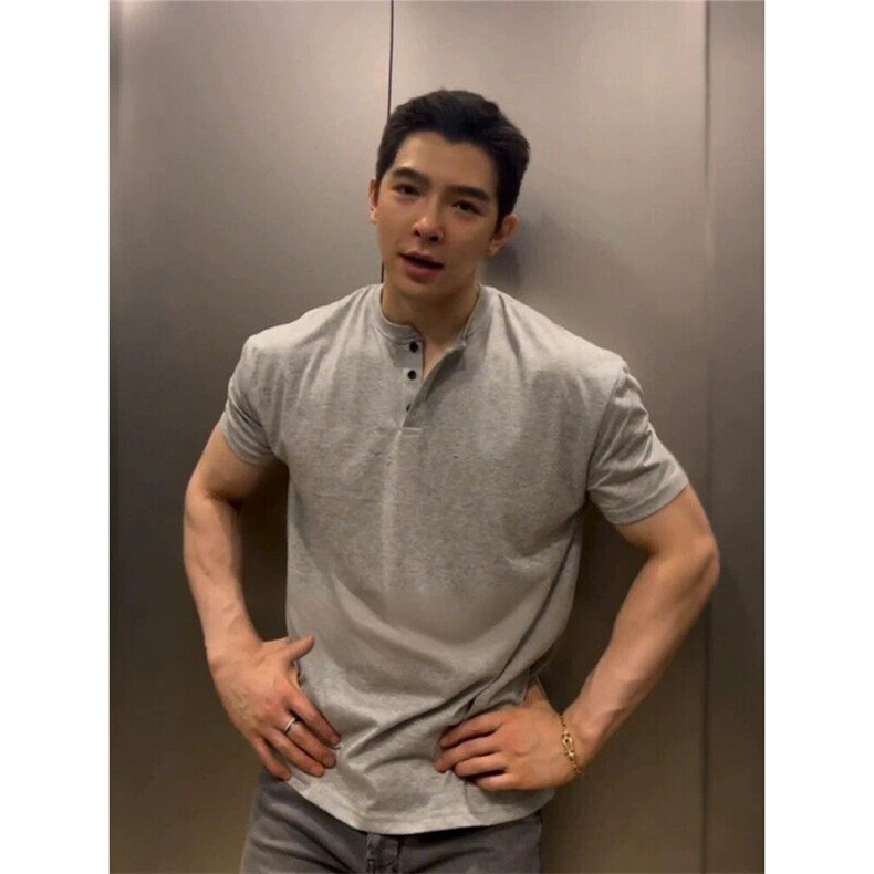 黑色亨利领短袖男款300g重磅t恤打底衫显肌肉健身美式复古polo衫,男装T恤,星座809A(原222-1)