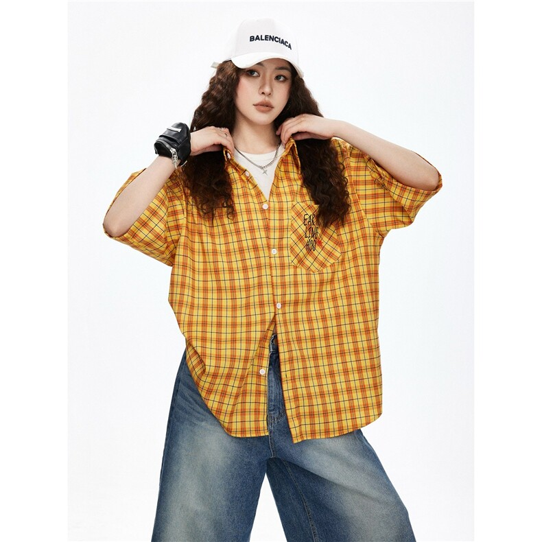 美式复古黄色短袖格子衬衫女夏季2025新款小个子外搭休闲衬衣外套图片