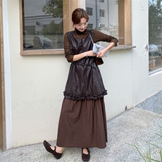 法式复古气质休闲连衣裙套装女秋季2025新款打底衫背心皮裙两件套，女装套装/套裙，橙子家