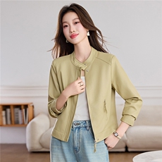 常规无袖口设计2026年春季薄斜插袋修身立领聚酯纤维合成革休闲风，女装皮衣，悦祺