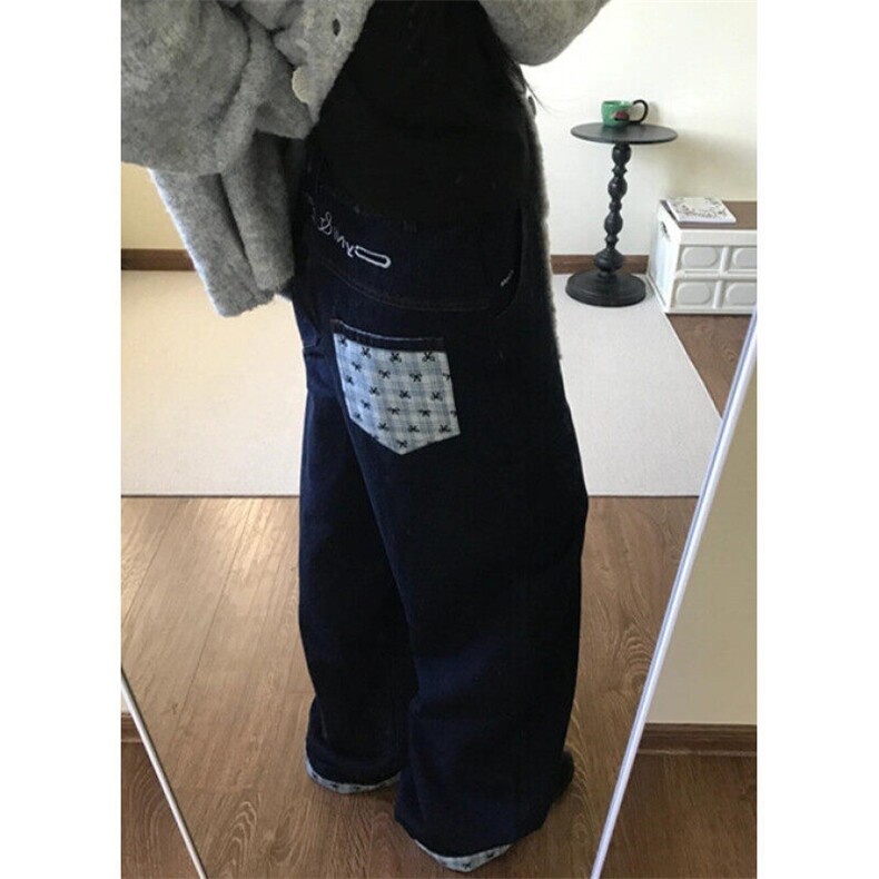 蝴蝶结格子拼接设计感阔退牛仔裤休闲裤 N1930图片