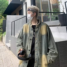 泥染做旧毛边牛仔外套男春秋季小众水洗宽松翻领夹克JK4221，男装夹克，星座1116A-1（原606A）