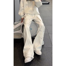 口袋美式复古白色弯刀牛仔裤男女生春秋高街设计感宽松垂感阔腿裤，男装牛仔裤，星座302B