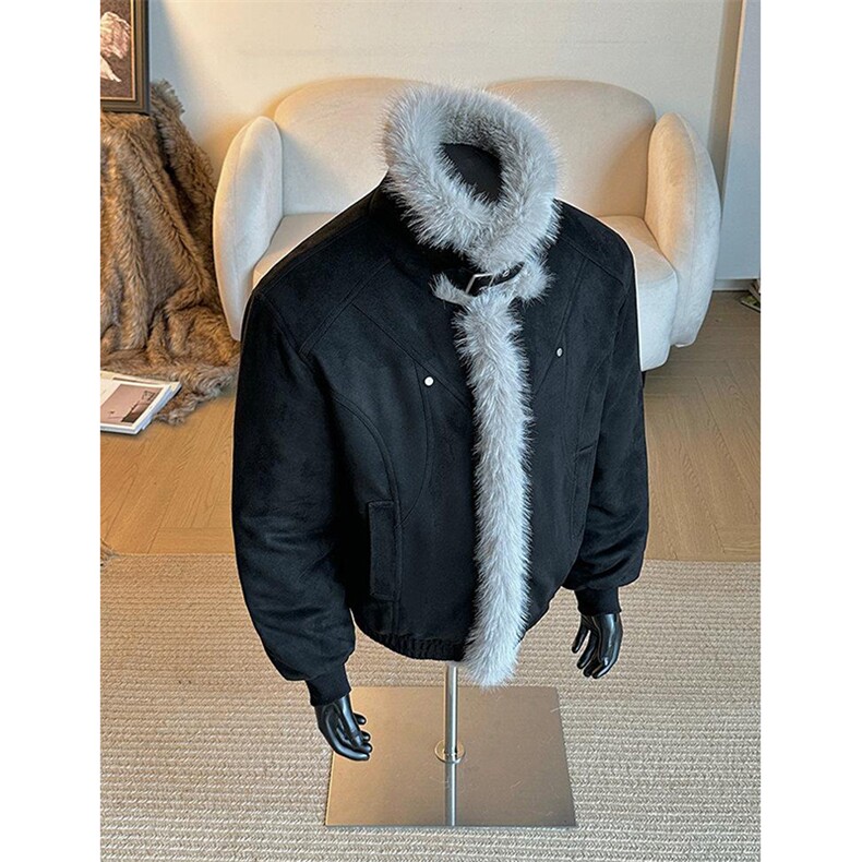 现货重磅硬挺boxy羽绒棉衣座山雕大毛毛领洗水麂皮棉服冬外套，男装棉衣，电商A486