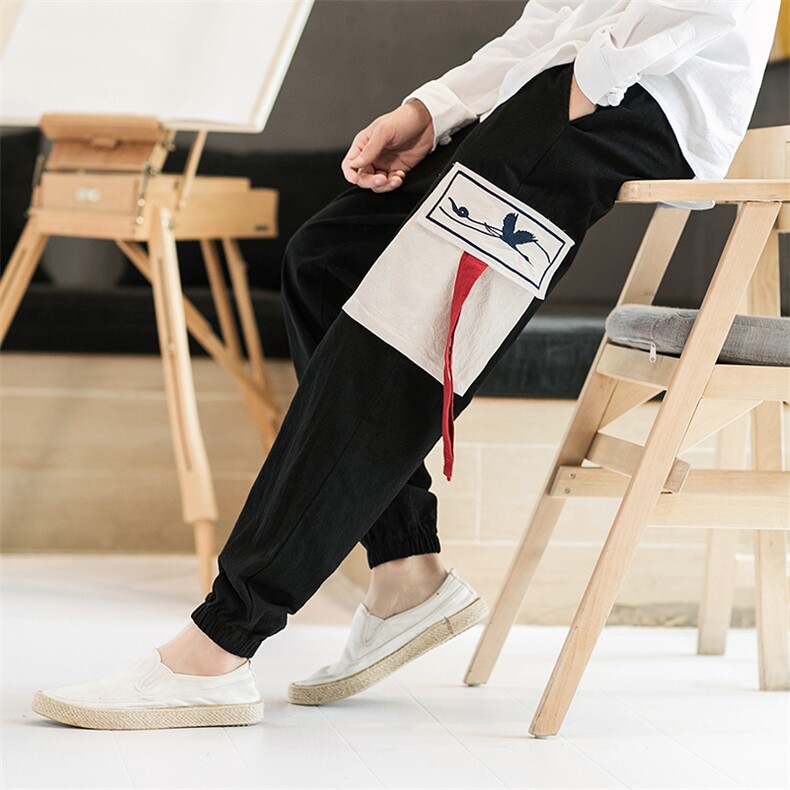 秋冬宽松刺绣大口袋织带宽松日系工装裤F75，男装卫裤，电商B375