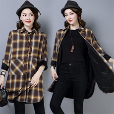 口袋格子加厚衬衫2025年冬季新款经典加绒休闲百搭长袖中长款衬衣，女装衬衫，风姿绰