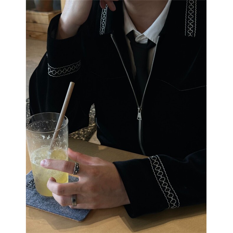黑爵银线刺绣丝绒翻领夹克简约高级设计外套男 JJK01图片