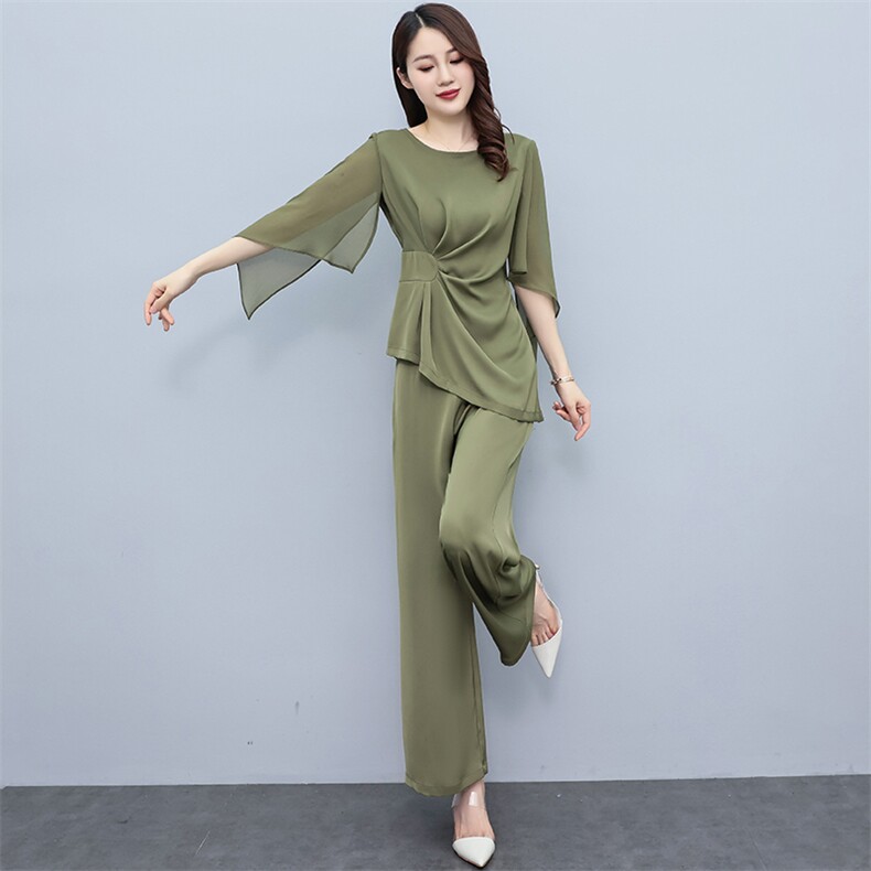 时尚气质女神范夏季新款阔腿裤套装女两件套显瘦雪纺上衣高腰长裤,女装套装/套裙,恋慕依尚