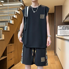 男士无袖T恤休闲运动套装男夏季五分短裤两件套潮A266-TZ1107-P43，男装T恤，电商A266