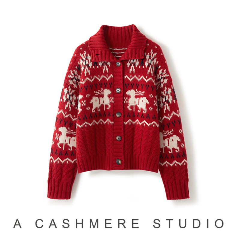 2026年秋季时尚百搭通勤简约休闲五星圣诞鹿角开衫，女装羊绒衫，致织羊绒