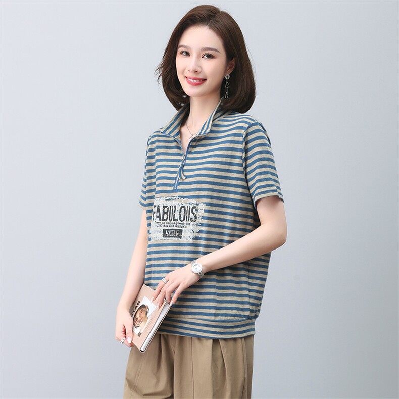 时尚条纹t恤女夏短袖2023新款中年妈妈宽松洋气翻领休闲印花上衣,女装T恤,忆绮罗
