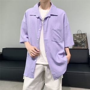 衬衫男复古风短袖夏季网红宽松上衣T恤设计感舒适百搭图片