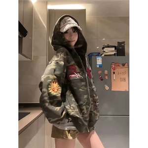 美式复古迷彩刺绣开衫连帽卫衣2025新款春秋宽松休闲情侣装外套图片