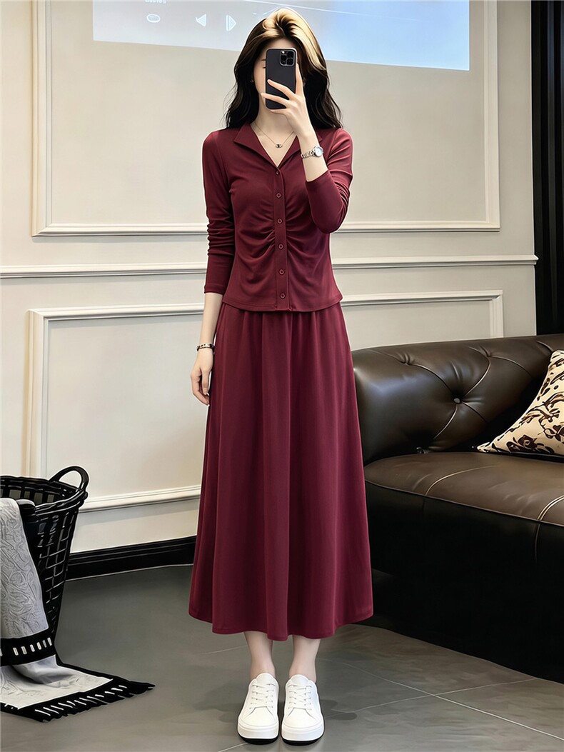 韩版时尚套装裙女春秋款高级感显瘦V领纽扣设计上衣半身裙两件套,女装套装/套裙,江南