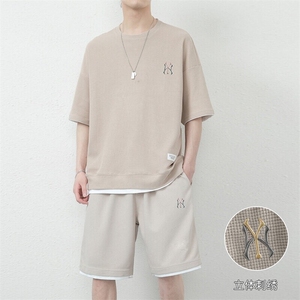 网图7538-P55短袖t恤男士夏季宽松男装短裤一套华夫格运动套装图片