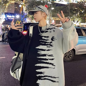 美式撞色休闲慵懒风毛衣男秋冬痞帅宽松百搭长袖针织衫 M7022图片