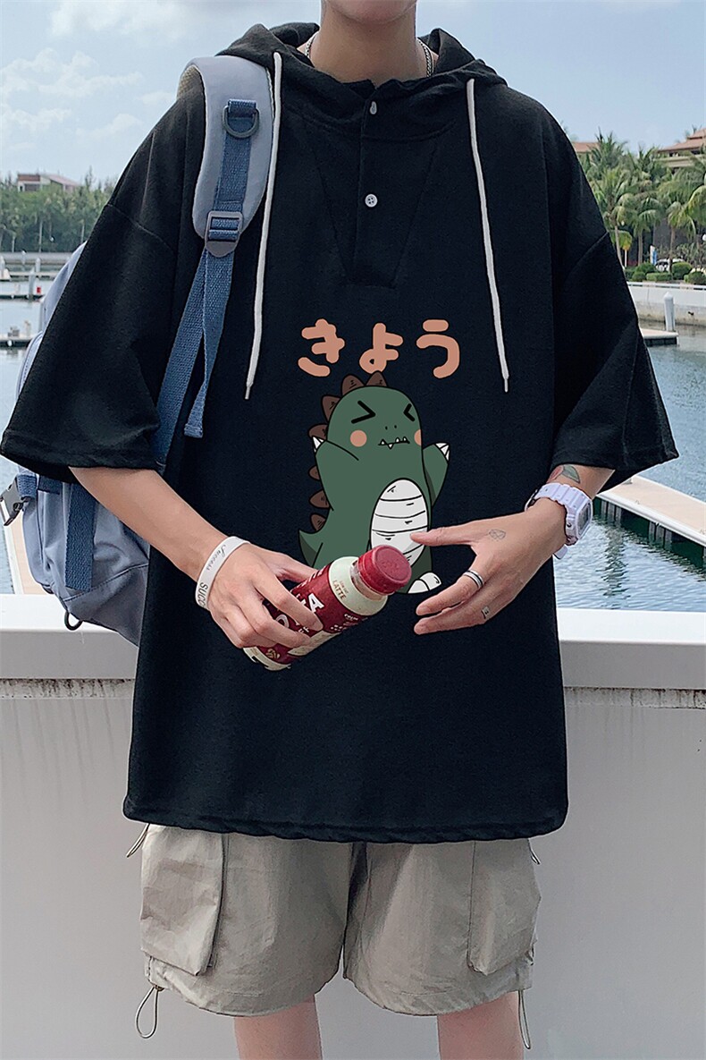 LD54037-P45连帽短袖t恤男大码胖子带帽五分袖中袖,男装T恤,电商A040