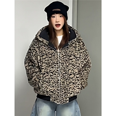 豹纹双面穿棉服连帽设计感美式麂皮绒短款男女冬季工装夹克棉衣，男装夹克，四季星座505
