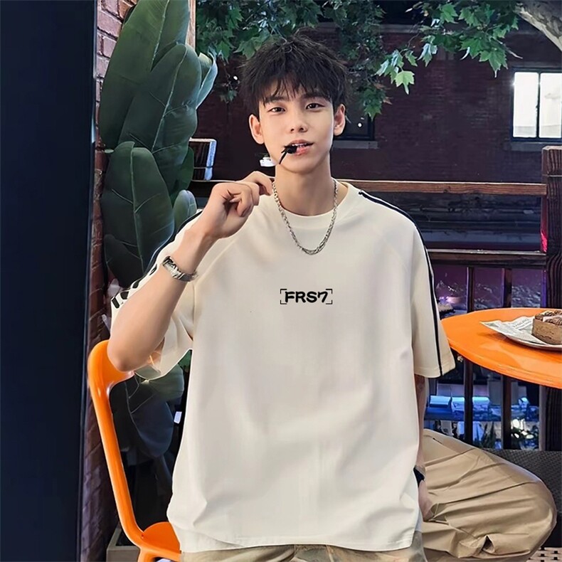 抖音得物高品质二开240克宽松纯棉美式潮牌三条杠织带短袖T恤，男装T恤，电商A486