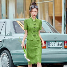 2025夏装新款香港高端改良旗袍连衣裙时尚优雅复古显瘦新中式套裙，女装套装/套裙，米雪儿