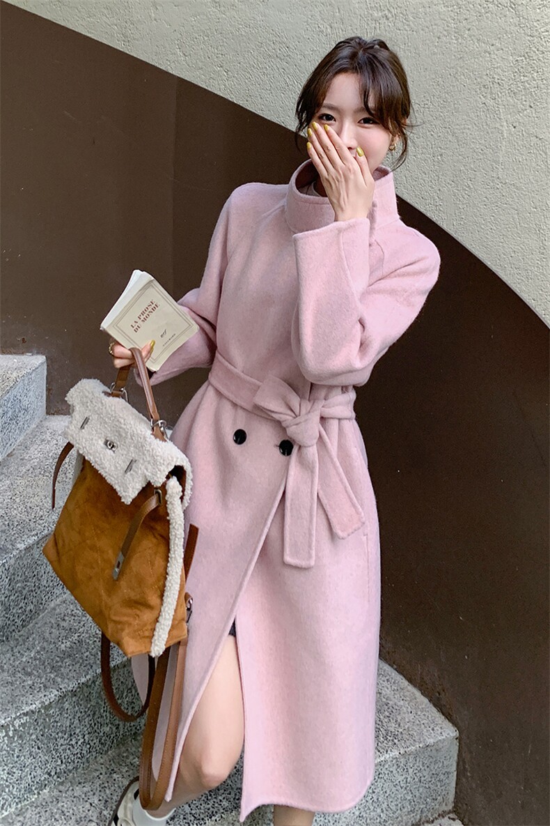 双面羊毛大衣女款2024秋冬新款韩版宽松气质优雅羊毛呢外套,女装双面呢大衣,韩蜜菓