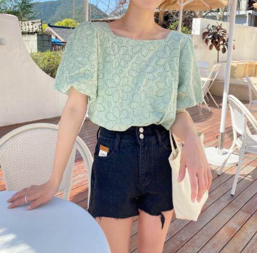 棉布刺绣泡袖上衣，女装，新袖