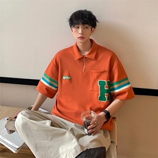 2023夏新款港风撞色印花宽松显瘦短袖T恤上衣POLO衫T2228-P58，男装T恤，星座914-3
