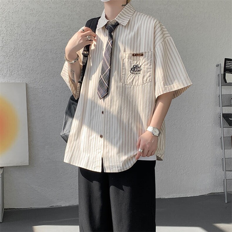 （带领带）CS1132-特P48控78夏新大码刺绣短袖条纹衬衫男学院风,男装T恤,电商A059