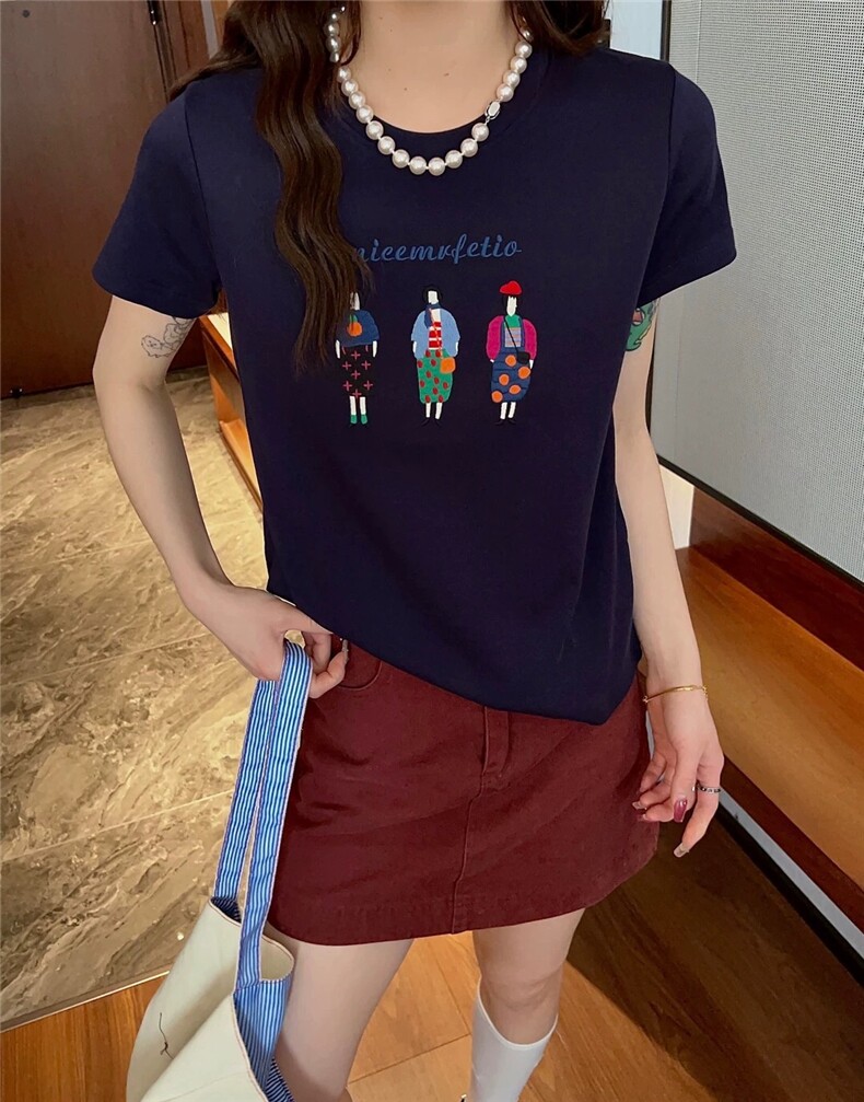 2025百搭万针彩色卡通趣味百搭圆领t恤上衣,女装T恤,湘姗