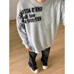 美式街头植绒字母圆领毛衣男女秋冬慵懒情侣百搭针织衫M9525-P52