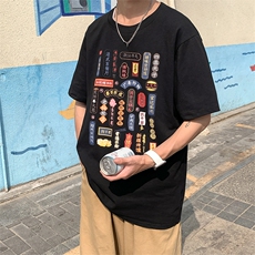 港风夏季短袖t恤男潮流宽松文字印花半袖体恤衫T100p35限49，男装T恤，电商A089-1