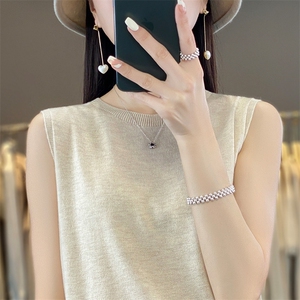 夏季新款精纺羊毛薄款针织吊带背心女圆领宽松内搭无袖上衣打底衫图片