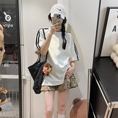 抖音得物品质二开240克宽松纯棉美式潮牌印花三条杠中性风短袖T恤，男装T恤，电商A486-1