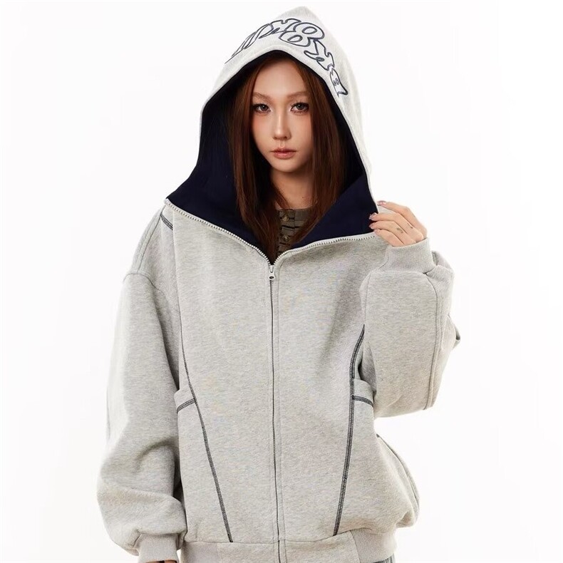 春秋美式短款开衫灰色卫衣男款高级感重磅硬挺连帽衫外套网络图，女装短外套，星座410-6（原星座1304-1）