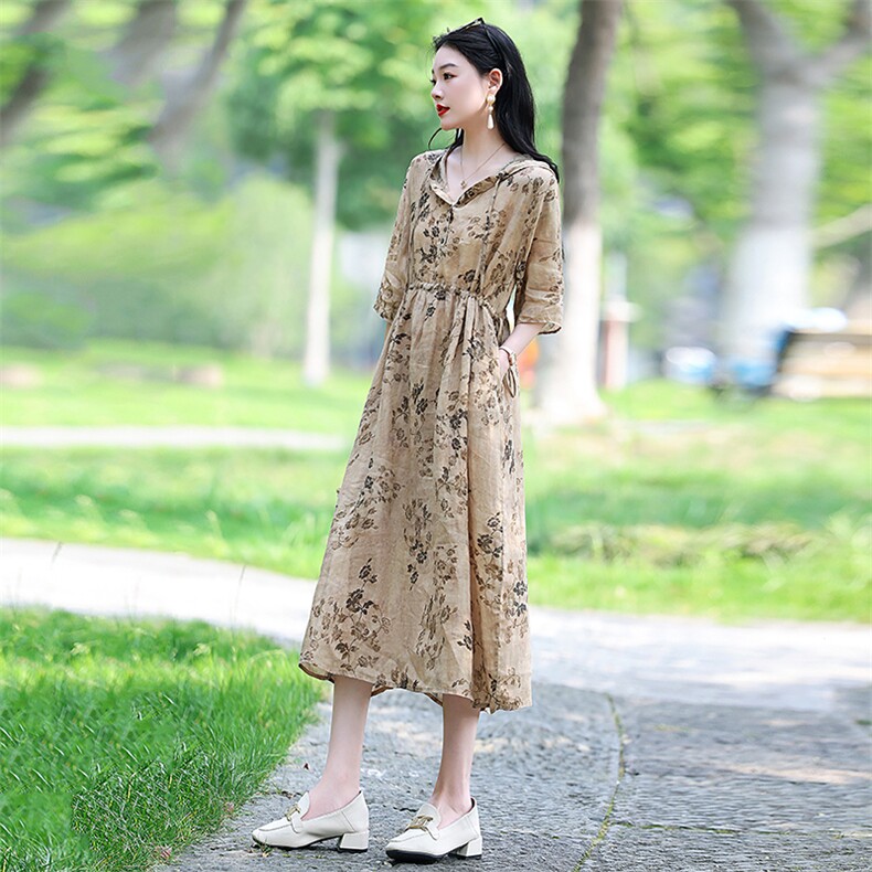 新品优雅复古印花苎麻连衣裙女长款显瘦气质V领宽松大码女装,女装连衣裙,凝聚力