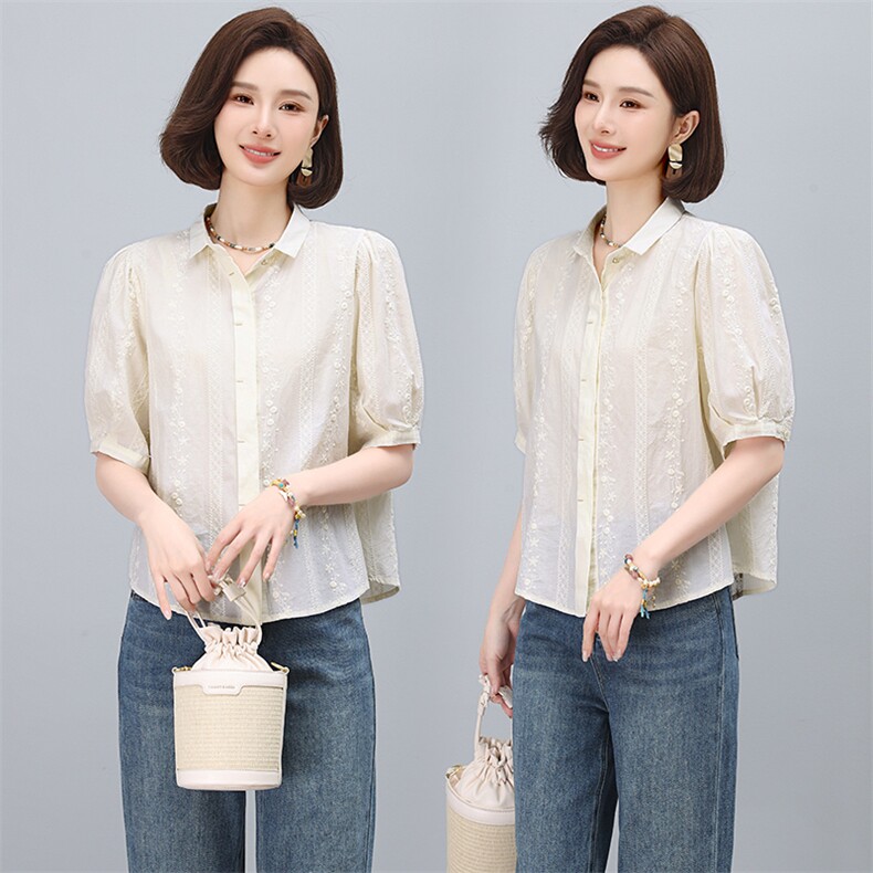 全棉衬衫女短袖夏季2025新款高级感轻奢减龄洋气小衫妈妈刺绣上衣,女装蕾丝衫/雪纺衫,多彩