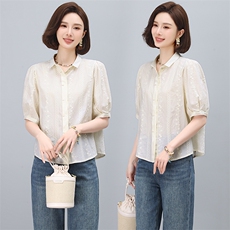 全棉衬衫女短袖夏季2025新款高级感轻奢减龄洋气小衫妈妈刺绣上衣，女装蕾丝衫/雪纺衫，多彩