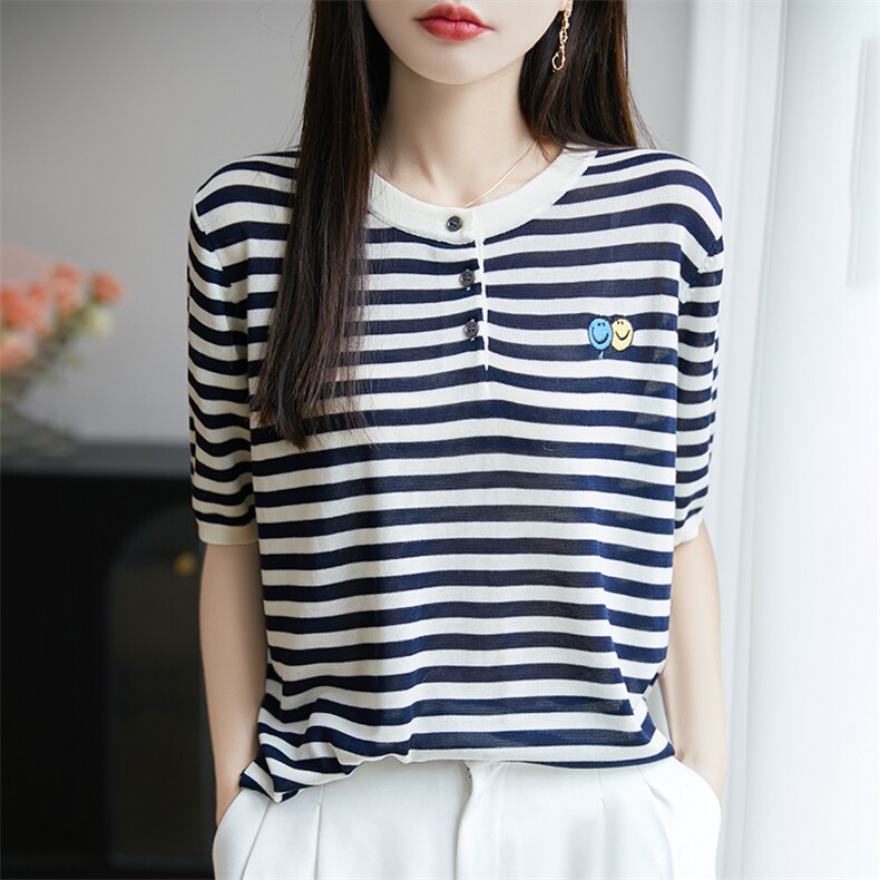 2025夏季薄款短袖T恤女设计感条纹休闲拼色正肩半袖t恤减龄上衣新,针织衫/毛衣,郡淞羊绒