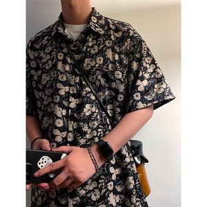 复古碎花翻领沙滩衬衫高街美式撞色上衣潮男DX101-特P30限价48