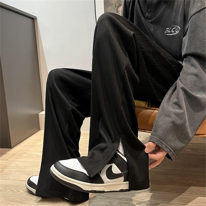 K60-P45 早秋脚口开叉直筒宽松条纹休闲裤男女大码拖地长裤 控68图片