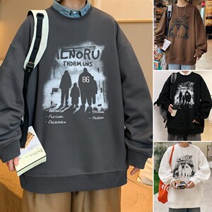 美式高街圆领卫衣男春秋季无帽宽松青少年复古百搭休闲男生上衣服图片