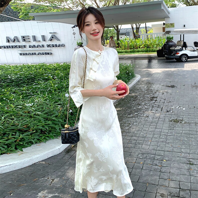 高端提花七分袖梅兰浮改良旗袍鱼尾裙2C081-8958P115K168,女装连衣裙,2C081