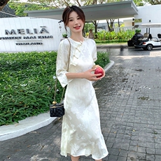 高端提花七分袖梅兰浮改良旗袍鱼尾裙2C081-8958P115K168，女装连衣裙，2C081