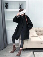 2021秋冬新款韩范小方领一粒羊角扣休闲宽松百分百羊毛双面呢，其它，L·H·X