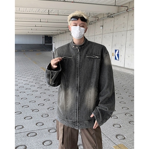 水洗包边拉链装饰设计感小众美式机车牛仔夹克短款外套痞帅上衣图片