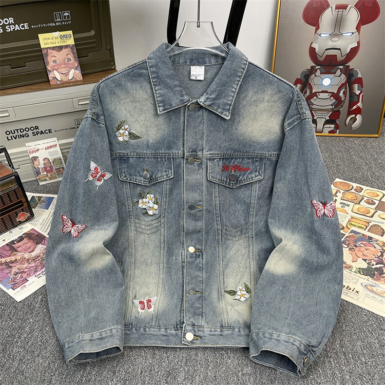 港风秋款男牛仔夹克衫蝴蝶鲜花字母刺绣宽松外套JK8857P82,男装工装外套,星座1013-1