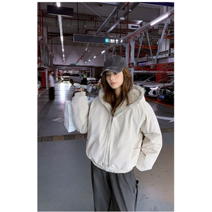 潮座山雕毛绒连帽棉服男女2025冬季美式cleanfit设计感加厚棉衣图片