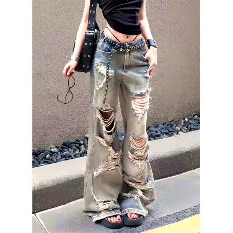 复古破洞牛仔裤女夏季2025新款街头辣妹风穿搭阔腿长裤NA204,男装牛仔裤,星座1116A（原606A-3）