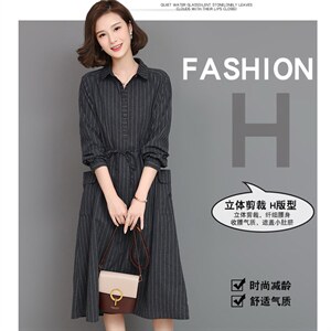 【全年有货，不下架】秋冬加厚连衣裙女长袖条纹棉麻裙中长款，女装连衣裙，3200格调